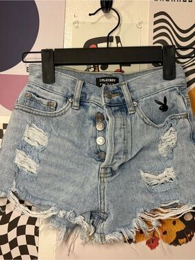 Playboy by PacSun Distressed Embroidered Denim Shorts Size 22